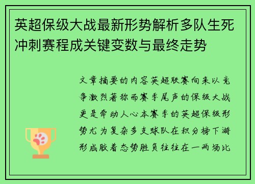 英超保级大战最新形势解析多队生死冲刺赛程成关键变数与最终走势